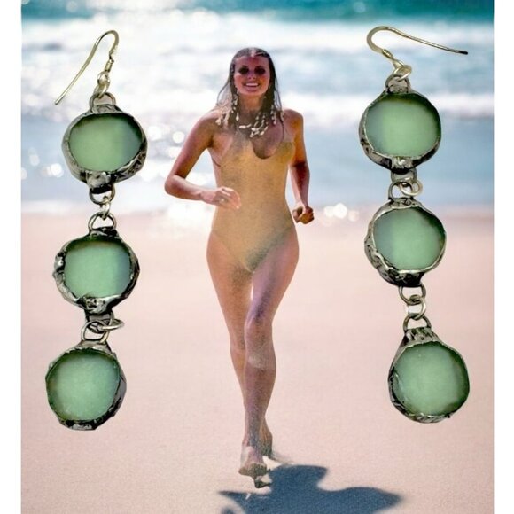 Triple Drop Sea Glass Artisan Earrings Caged in Silver- Blend Boho Metalwork - Picture 4 of 11